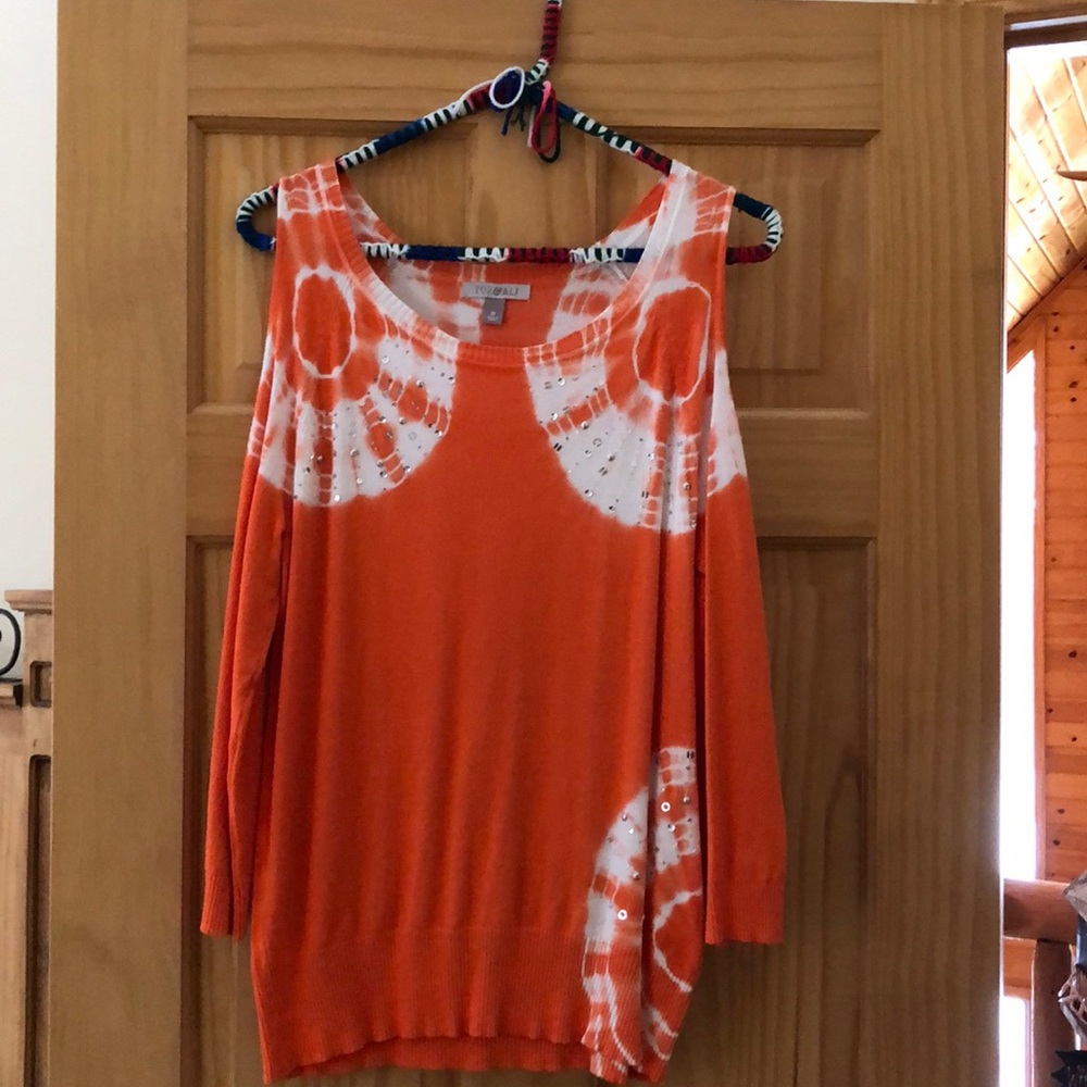 Orange and white cold shoulder sweater with jewels